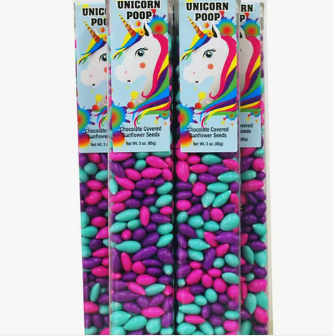 Unicorn Poop, bright colored Sunny Seeds in 3 oz tubes.