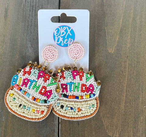 Birthday Cake with Candles Seed Beaded Dangle Earrings