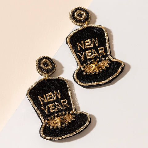 Black Hat New Year Embroidered Earrings