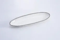 Deep Oval Serving Bowl White and Silver