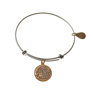 Love You to the Moon and Back Expandable Bangle Charm Bracelet in Two Toned Mixed Metal